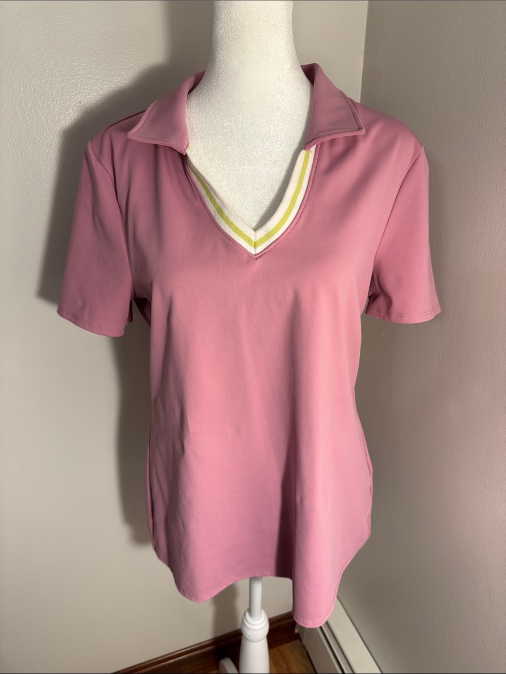 Sincerely Jules Pink V-Neck Polo Top with Yellow-Trim